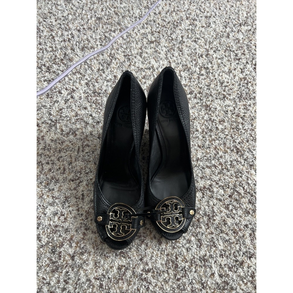 Tory Burch Black Pebele Leather 4"Wedge Women's Size 10M Open Toe Great Condit